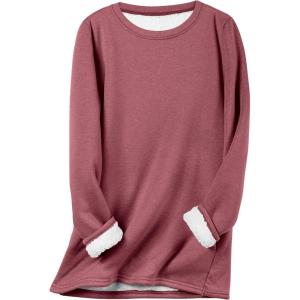 imageFlygo Womens Winter Warm Sherpa Lined Fleece Crewneck Sweatshirt Pullover Loungewear Tunic TopsWine Red