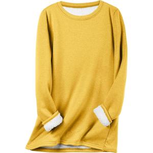 imageFlygo Womens Winter Warm Sherpa Lined Fleece Crewneck Sweatshirt Pullover Loungewear Tunic TopsYellow