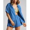imageFlygo Womens Casual 2 Piece Outfits Cotton Linen Sets Button Down Oversized Shirt Shorts 2025 Pajama Lounge Beach SetBlue