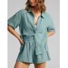 imageFlygo Womens Casual 2 Piece Outfits Cotton Linen Sets Button Down Oversized Shirt Shorts 2025 Pajama Lounge Beach SetBlue Grey