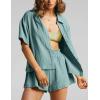 imageFlygo Womens Casual 2 Piece Outfits Cotton Linen Sets Button Down Oversized Shirt Shorts 2025 Pajama Lounge Beach SetBlue Grey
