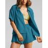 imageFlygo Womens Casual 2 Piece Outfits Cotton Linen Sets Button Down Oversized Shirt Shorts 2025 Pajama Lounge Beach SetDark Teal