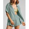 imageFlygo Womens Casual 2 Piece Outfits Cotton Linen Sets Button Down Oversized Shirt Shorts 2025 Pajama Lounge Beach SetGrey Green