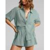 imageFlygo Womens Casual 2 Piece Outfits Cotton Linen Sets Button Down Oversized Shirt Shorts 2025 Pajama Lounge Beach SetGrey Green