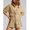 imageFlygo Womens Casual 2 Piece Outfits Cotton Linen Sets Button Down Oversized Shirt Shorts 2025 Pajama Lounge Beach SetKhaki