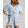 imageFlygo Womens Casual 2 Piece Outfits Cotton Linen Sets Button Down Oversized Shirt Shorts 2025 Pajama Lounge Beach SetLight Blue