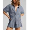 imageFlygo Womens Casual 2 Piece Outfits Cotton Linen Sets Button Down Oversized Shirt Shorts 2025 Pajama Lounge Beach SetLight Grey