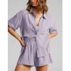imageFlygo Womens Casual 2 Piece Outfits Cotton Linen Sets Button Down Oversized Shirt Shorts 2025 Pajama Lounge Beach SetLight Purple
