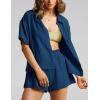 imageFlygo Womens Casual 2 Piece Outfits Cotton Linen Sets Button Down Oversized Shirt Shorts 2025 Pajama Lounge Beach SetNavy