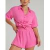 imageFlygo Womens Casual 2 Piece Outfits Cotton Linen Sets Button Down Oversized Shirt Shorts 2025 Pajama Lounge Beach SetPink