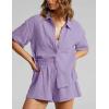 imageFlygo Womens Casual 2 Piece Outfits Cotton Linen Sets Button Down Oversized Shirt Shorts 2025 Pajama Lounge Beach SetPurple