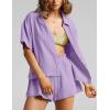 imageFlygo Womens Casual 2 Piece Outfits Cotton Linen Sets Button Down Oversized Shirt Shorts 2025 Pajama Lounge Beach SetPurple