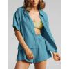 imageFlygo Womens Casual 2 Piece Outfits Cotton Linen Sets Button Down Oversized Shirt Shorts 2025 Pajama Lounge Beach SetSteel Blue