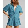 imageFlygo Womens Casual 2 Piece Outfits Cotton Linen Sets Button Down Oversized Shirt Shorts 2025 Pajama Lounge Beach SetSteel Blue