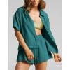 imageFlygo Womens Casual 2 Piece Outfits Cotton Linen Sets Button Down Oversized Shirt Shorts 2025 Pajama Lounge Beach SetTeal