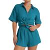 imageFlygo Womens Casual 2 Piece Outfits Cotton Linen Sets Button Down Oversized Shirt Shorts 2025 Pajama Lounge Beach SetDark Teal