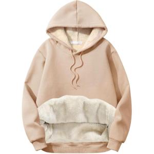 imageFlygo Mens Casual Fleece Sherpa Lined Hoodie Winter Warm Pullover Hooded SweatshirtCamel