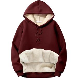 imageFlygo Mens Casual Fleece Sherpa Lined Hoodie Winter Warm Pullover Hooded SweatshirtMaroon