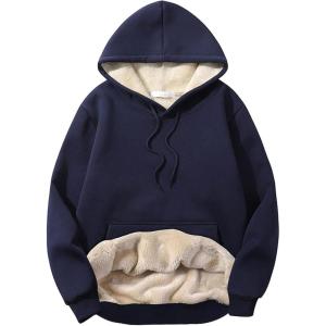 imageFlygo Mens Casual Fleece Sherpa Lined Hoodie Winter Warm Pullover Hooded SweatshirtNavy