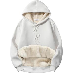 imageFlygo Mens Casual Fleece Sherpa Lined Hoodie Winter Warm Pullover Hooded SweatshirtWhite