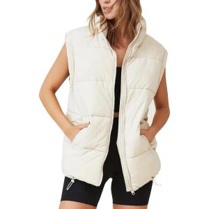 imageFlygo Puffer Vest Women Zip Up Sleeveless Winter Casual Stand Collar Padded Down Jacket Coat with PocketsBeige