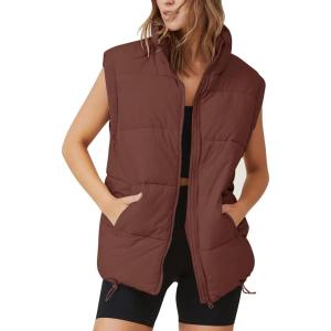 imageFlygo Puffer Vest Women Zip Up Sleeveless Winter Casual Stand Collar Padded Down Jacket Coat with PocketsBrown