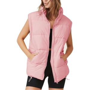 imageFlygo Puffer Vest Women Zip Up Sleeveless Winter Casual Stand Collar Padded Down Jacket Coat with PocketsPink