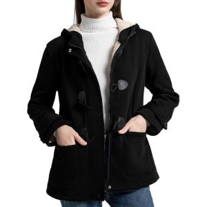 imageFlygo Sherpa Lined Winter Jackets for Women Fleece Hoodie Jacket Warm Fall Winter Toggle Duffle CoatsBlack