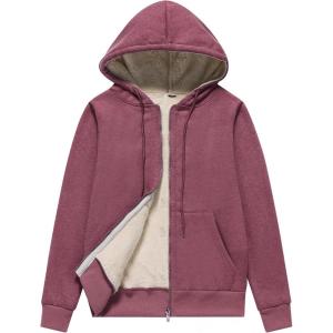 imageFlygo Women Winter Hoodies Zip Up Fleece Sherpa Lined Warm Sweatshirts JacketBurgundy