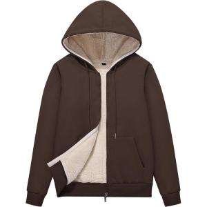 imageFlygo Women Winter Hoodies Zip Up Fleece Sherpa Lined Warm Sweatshirts JacketCoffee Brown