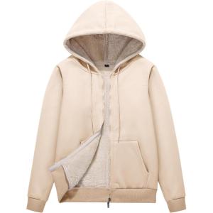 imageFlygo Women Winter Hoodies Zip Up Fleece Sherpa Lined Warm Sweatshirts JacketKhaki