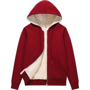 imageFlygo Women Winter Hoodies Zip Up Fleece Sherpa Lined Warm Sweatshirts JacketWine Red