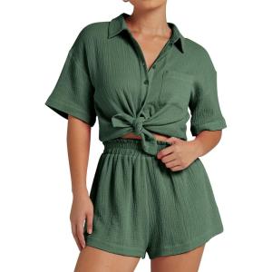 imageFlygo Womens Casual 2 Piece Outfits Cotton Linen Sets Button Down Oversized Shirt Shorts 2025 Pajama Lounge Beach SetArmy Green
