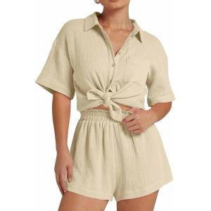 imageFlygo Womens Casual 2 Piece Outfits Cotton Linen Sets Button Down Oversized Shirt Shorts 2025 Pajama Lounge Beach SetBeige