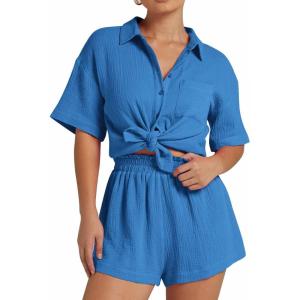imageFlygo Womens Casual 2 Piece Outfits Cotton Linen Sets Button Down Oversized Shirt Shorts 2025 Pajama Lounge Beach SetBlue