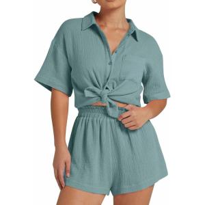 imageFlygo Womens Casual 2 Piece Outfits Cotton Linen Sets Button Down Oversized Shirt Shorts 2025 Pajama Lounge Beach SetBlue Grey