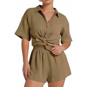 imageFlygo Womens Casual 2 Piece Outfits Cotton Linen Sets Button Down Oversized Shirt Shorts 2025 Pajama Lounge Beach SetDark Khaki