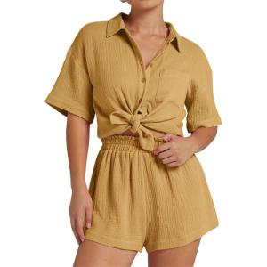 imageFlygo Womens Casual 2 Piece Outfits Cotton Linen Sets Button Down Oversized Shirt Shorts 2025 Pajama Lounge Beach SetGinger
