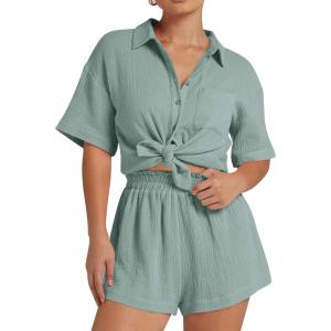 imageFlygo Womens Casual 2 Piece Outfits Cotton Linen Sets Button Down Oversized Shirt Shorts 2025 Pajama Lounge Beach SetGrey Green