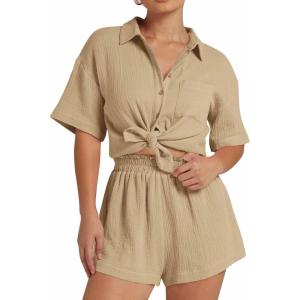 imageFlygo Womens Casual 2 Piece Outfits Cotton Linen Sets Button Down Oversized Shirt Shorts 2025 Pajama Lounge Beach SetKhaki
