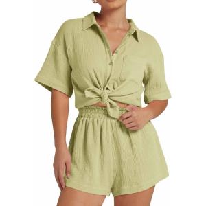 imageFlygo Womens Casual 2 Piece Outfits Cotton Linen Sets Button Down Oversized Shirt Shorts 2025 Pajama Lounge Beach SetLight Green