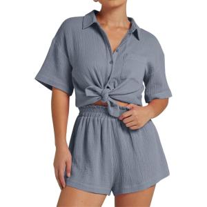 imageFlygo Womens Casual 2 Piece Outfits Cotton Linen Sets Button Down Oversized Shirt Shorts 2025 Pajama Lounge Beach SetLight Grey
