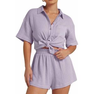 imageFlygo Womens Casual 2 Piece Outfits Cotton Linen Sets Button Down Oversized Shirt Shorts 2025 Pajama Lounge Beach SetLight Purple