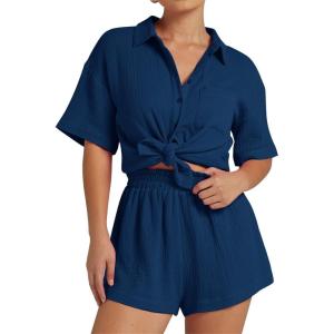 imageFlygo Womens Casual 2 Piece Outfits Cotton Linen Sets Button Down Oversized Shirt Shorts 2025 Pajama Lounge Beach SetNavy