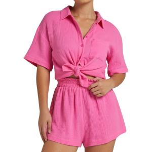 imageFlygo Womens Casual 2 Piece Outfits Cotton Linen Sets Button Down Oversized Shirt Shorts 2025 Pajama Lounge Beach SetPink