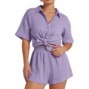 imageFlygo Womens Casual 2 Piece Outfits Cotton Linen Sets Button Down Oversized Shirt Shorts 2025 Pajama Lounge Beach SetPurple