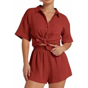 imageFlygo Womens Casual 2 Piece Outfits Cotton Linen Sets Button Down Oversized Shirt Shorts 2025 Pajama Lounge Beach SetRust