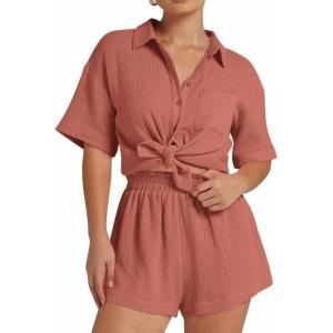 imageFlygo Womens Casual 2 Piece Outfits Cotton Linen Sets Button Down Oversized Shirt Shorts 2025 Pajama Lounge Beach SetSalmon