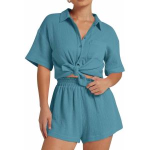 imageFlygo Womens Casual 2 Piece Outfits Cotton Linen Sets Button Down Oversized Shirt Shorts 2025 Pajama Lounge Beach SetSteel Blue