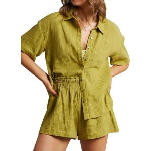 imageFlygo Womens Casual 2 Piece Outfits Cotton Linen Sets Button Down Oversized Shirt Shorts 2025 Pajama Lounge Beach SetYellow